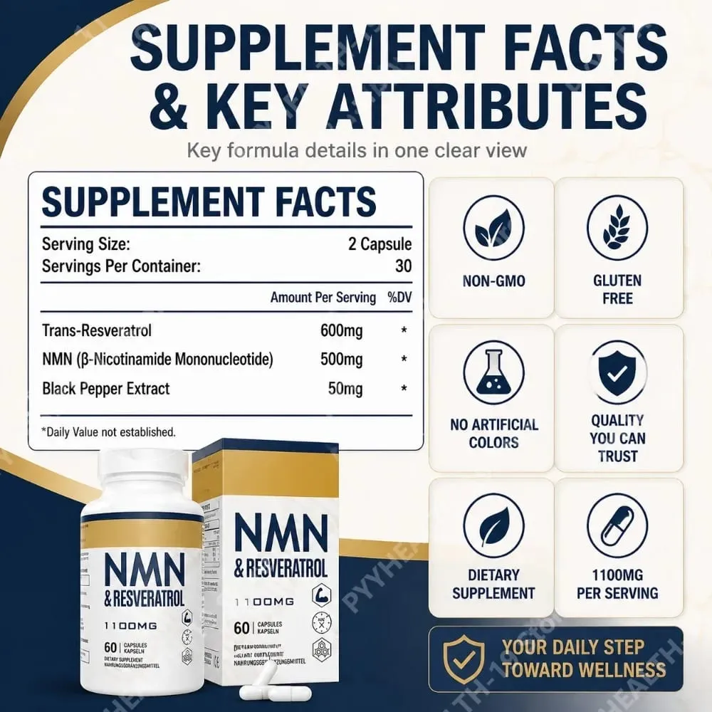 NMN & Resveratrol Supplement – 1100mg Capsules for Cellular Health DNA & Telomere Support with Black Pepper Extract – 60 Ct — image 3