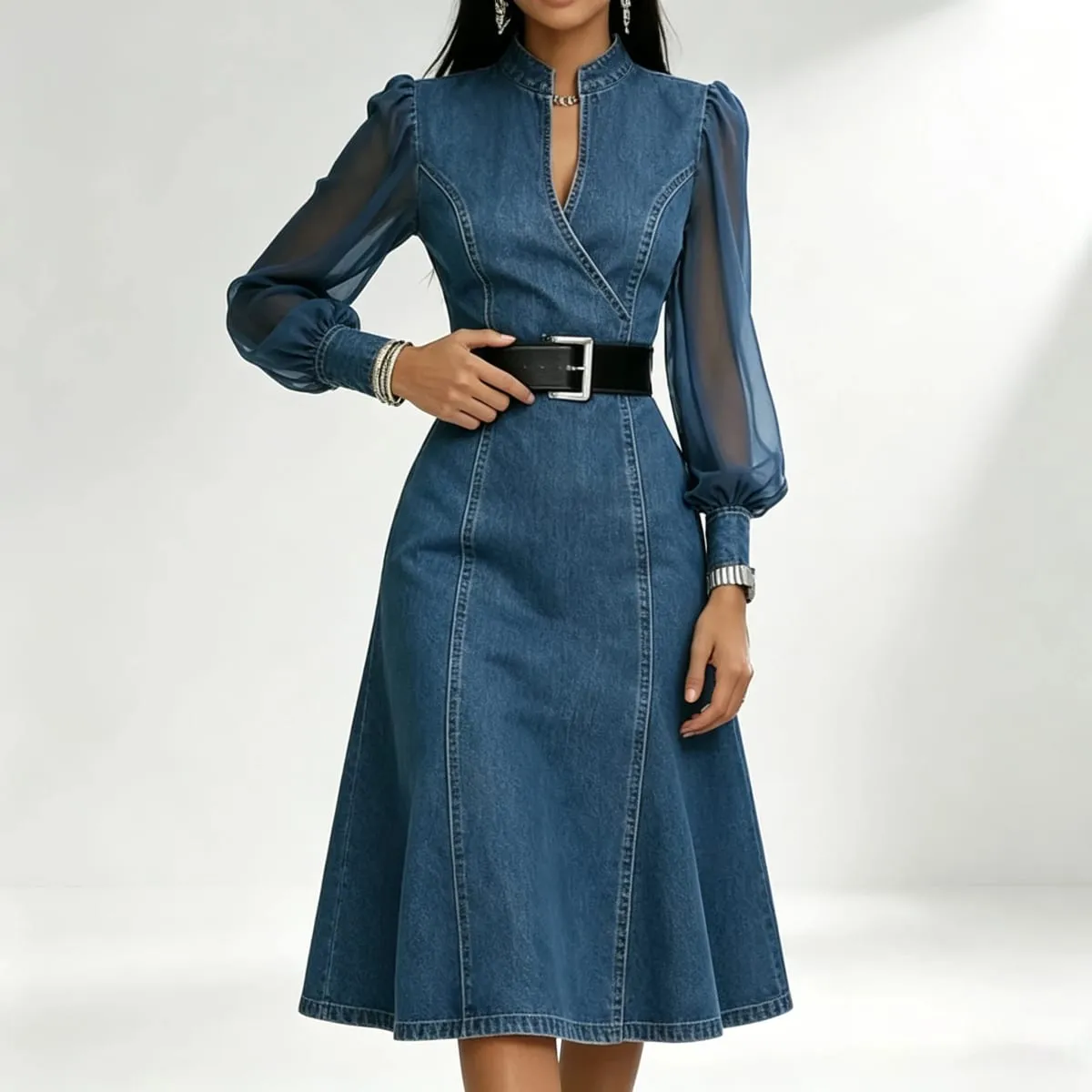Streetwear Denim A-Line Dress Summer Women Tulle Puff Long Sleeve See Through V Neck Maxi Dresses Vintage Jean Dress With Belt