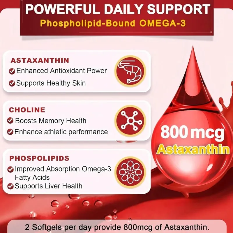 Antarctic Krill Oil Capsules 2000 mg Supplement with Astaxanthin Omega-3 EPA DHA Support Brain Joint Skin Heart Health