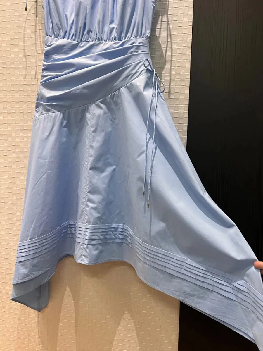 New 2026 spring summer women drawstrings stand collar cotton dresses sleeveless folds irregular dress — image 6