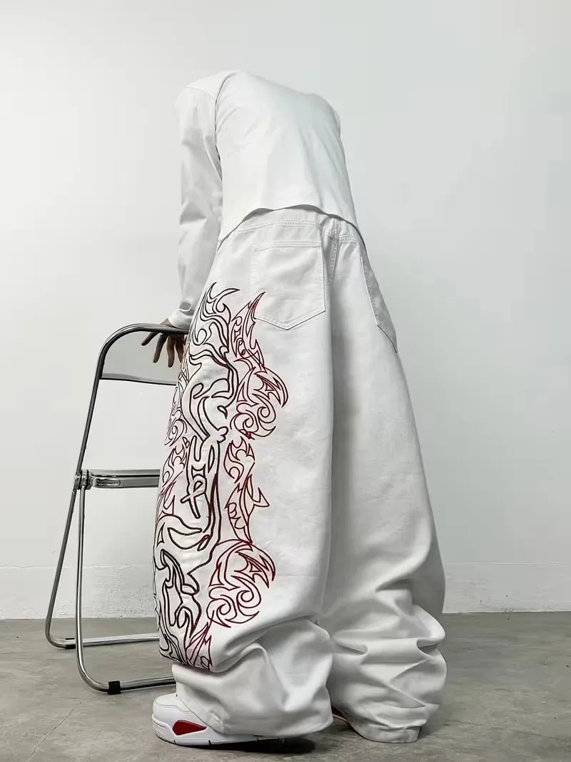 Unisex White Red Tribal Flame Print Loose Wide Leg Jeans Y2K Grunge Streetwear Oversized Denim Pants