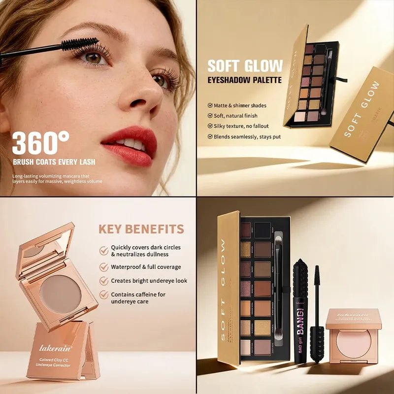 3ks/set CC Full Coverage Color Corrector Glow Palety očních stínů Volumizing Mascara Lasting Beauty Eyes Makeup Kit
