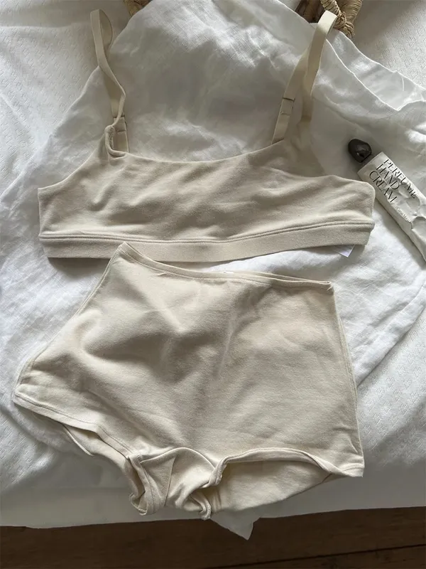 Solid Cotton Sport Set Woman Adjusted-strap Seamless Bras+Low Waist Boxer Briefs Casual Simple High Elasticity Lingerie Sets