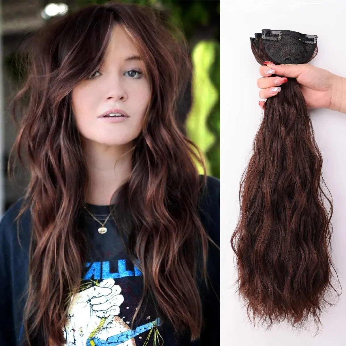 Clip in Hair Extensions for Women 3PCS Long Wavy Curly Clip on Hair Extensions 18 Inch Synthetic Thick Hairpieces