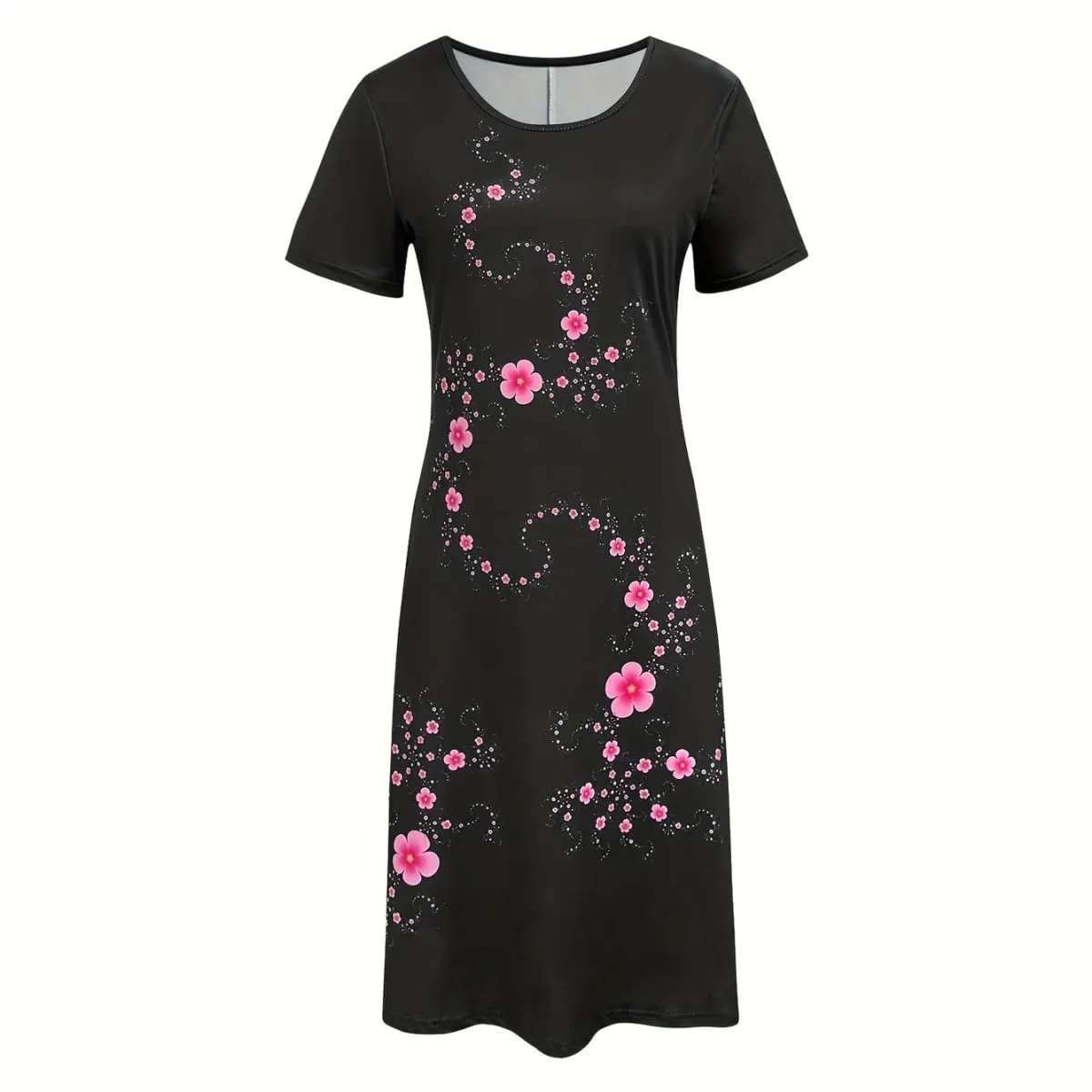 Women's Elegant Casual Floral Print Dress Black with Pink Flowers Dresses Woman Summer Women's Short -Sleeved Y2k Ladies Clothes