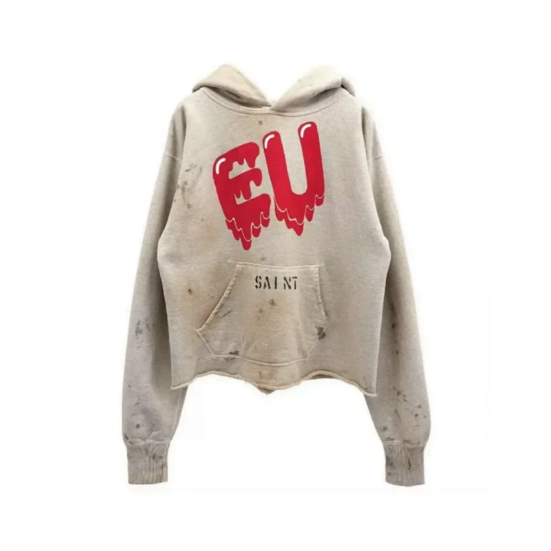 26FW SAINT x Ber B J Co-brand Big Logo Printed Women Men Washed Hooded Sweatshirt Hoodies Vintage Distressed Men Casual Hoodie