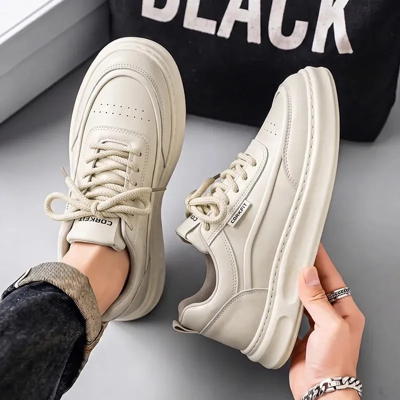 Men Sneakers Spring Summer Casual Board Shoes Smooth Texture Thick Sole Lace Up Minimalist Daily Footwear