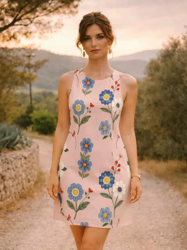 Womens Floral Sleeveless A Line Mini Dress Round Neck Relaxed Sundress for Holiday Brunch Patio Walk and Daily Wear Comfort — image 9