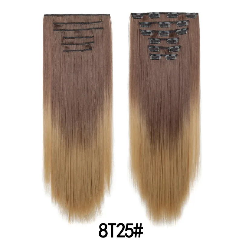 6Pcs 24 inch Ombre Color Clip-in Hair Extensions Long Synthetic Straight Hairpieces Layered Soft Invisible Clip Ins Extensions