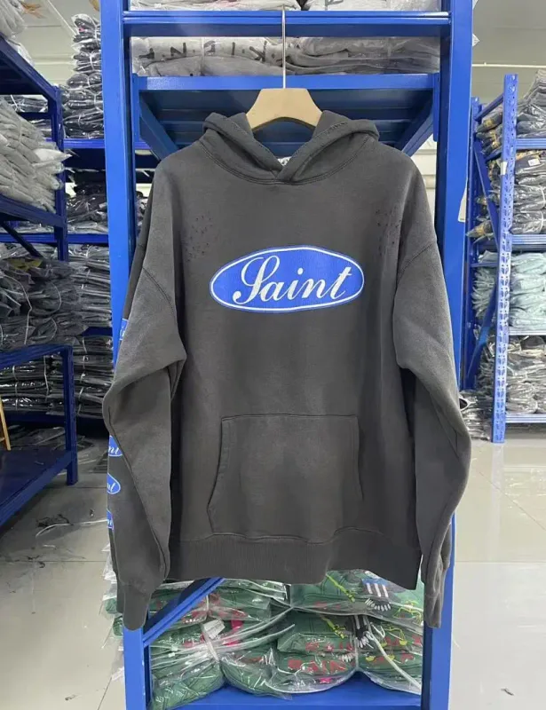 26FW SAINT x Ber B J Co-brand Big Logo Printed Women Men Washed Hooded Sweatshirt Hoodies Vintage Distressed Men Casual Hoodie