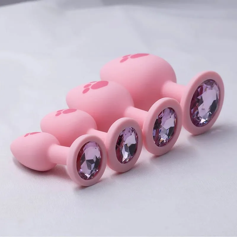 Pink Silicone Anal Plug for Woman 4 Sizes Cat Paw Pattern Smooth Surface Butt Plug Crystal Base Sex Toys For Woman Anal Dildo