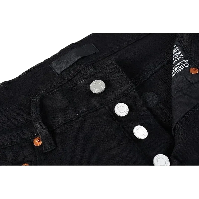 Men's Black Coated Slim Tapered Jeans Vintage Washed Slight Stretch Button Fly High Street Style — image 3