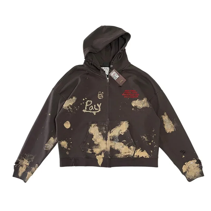 Washed Graffiti PALY Hoodies Men Woman Vintage Damaged Hole Old New Autumn Winter Zipper Hooded Pullovers Sweatshirts