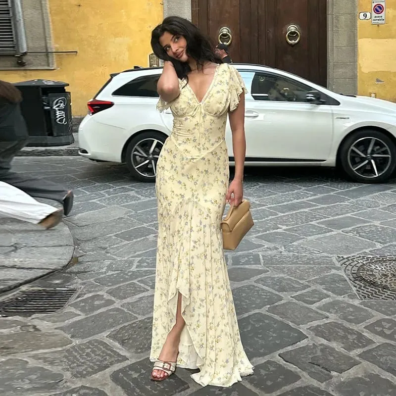 Elegant Women's Floral Print Dresses Single Breasted Slit Maxi Dresses Bodycon Party Evening Formal Gown 2026 New Outfit