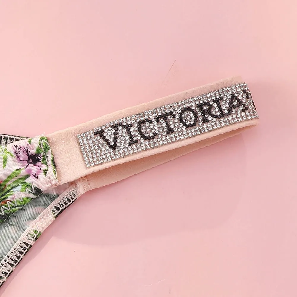 VS Very Sexy Logo Shine Strap Tropical Floral Push Up Bra Shine Script Thong Panty Victoria Secret Sexy Lingerie Set