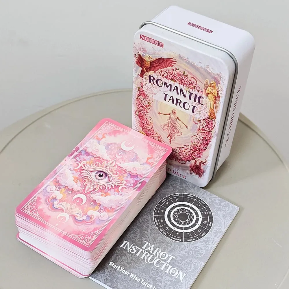 Pink Romantic Fantasy Tarot Deck in Tin Box 78-Card Full Deck with Instruction Book 11*6.2cm Spiritual Divination Oracle