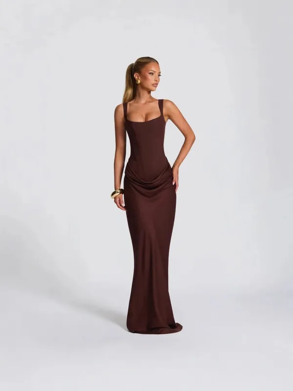 Cross-Border Spring 2026 Women's Slim Fit Fishbone Strap Long Dress Pure Color Bodycon Dress Sexy Style Shoulderless Gown — image 9