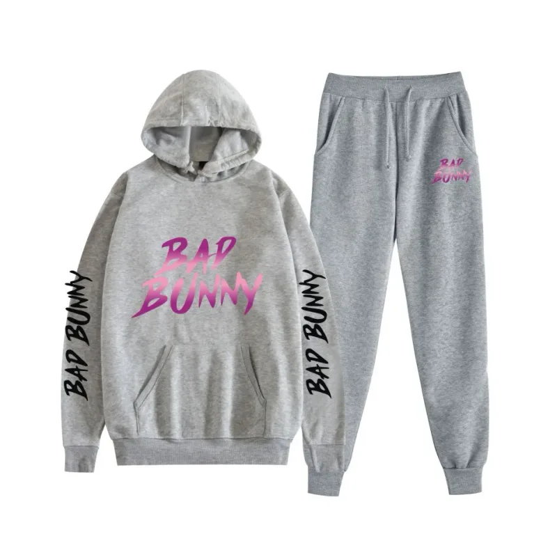 Harajuku Comfortable bad bunny Print Sweatshirt Sweatpants Suit Women's Hoodies+ Trousers Suit Boys/Girls 2 Piece Set Clothes
