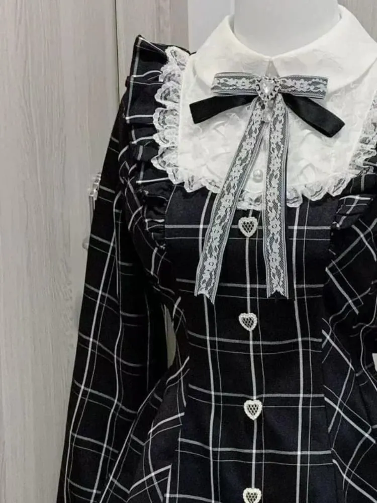 Japonská víla Sladká krajka Patchwork kostkované šaty Dámské Kawaii Grunge Šaty s volánky s dlouhým rukávem Y2k Estetické JK Lolita Vestidos