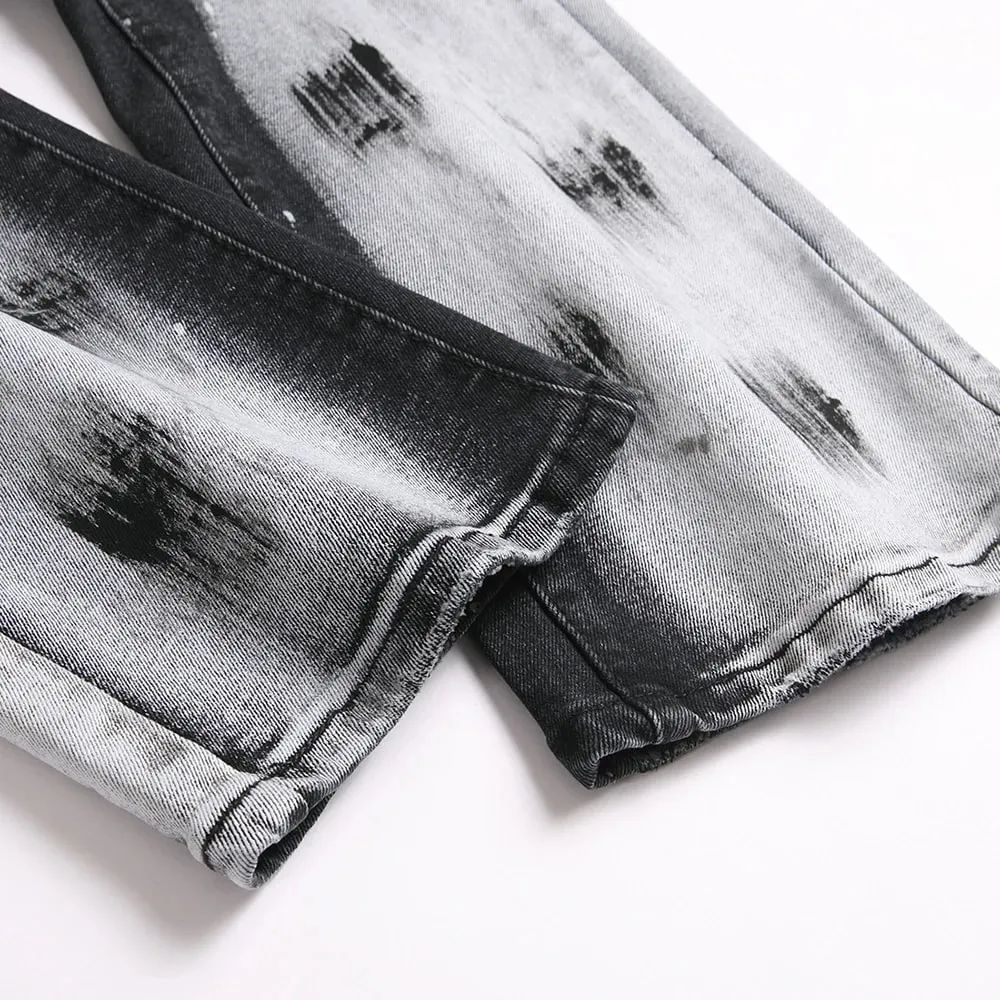 Men's Boot Cut Denim Jeans Painted Button Fly Slim Flared Pants Casual Streetwear Stretch Spandex Cotton Trousers