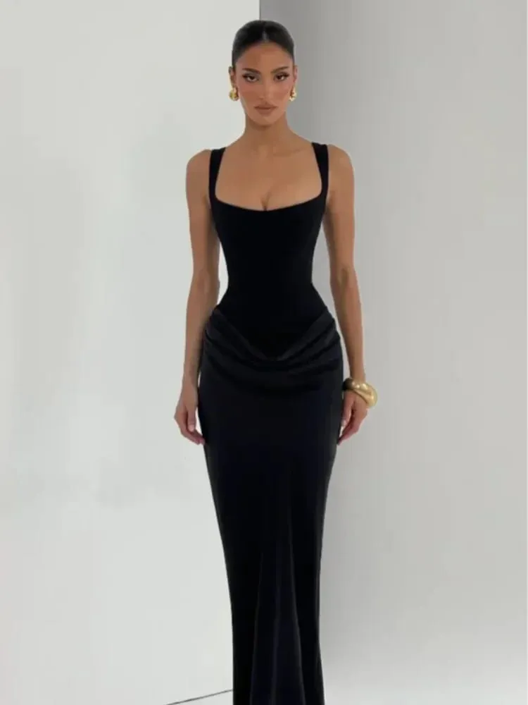 Solid Pleated Sling Dress Square Neck Sleeveless Off-shoulder Waist Cinching Slim Women Dresses Fashion Evening Party Gown 2025 — image 2