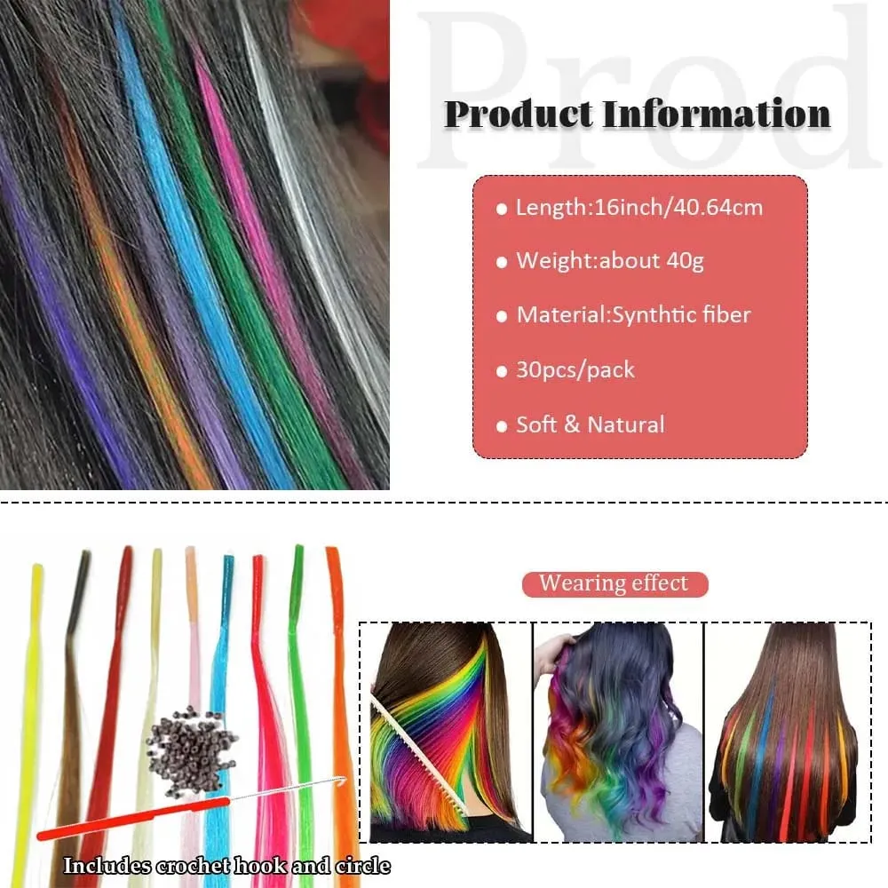 30 Stück farbige Haarverlängerung 16-Zoll-I-Tip-Synthetikverlängerungen. Dieses lange Set für Damen enthält Perlen und ein Häkelwerkzeug
