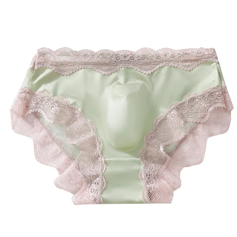 3 Pack Male Full Lace Side Briefs Ice Silk Satin 3D Molded Pouch Mid Rise Soft Smooth Men Underpants