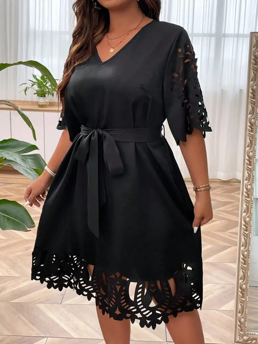 Women's Plus Size Black Cutout Lace Dress V Neck Tie Waist A-Line Mini Dress Elegant Party Casual Dress For Curvy Ladies