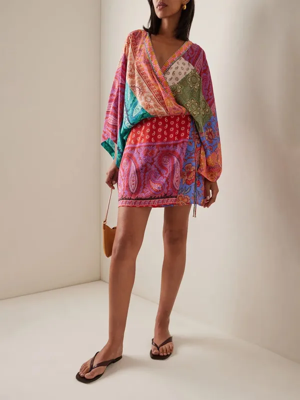 Bohemian Color Block Paisley Print Kimono Wrap Mini Dress Women V Neck 3/4 Sleeve Beach Cover Up Casual Short Dresses Summer 202