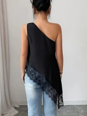Women's Casual Single-Shoulder Camisole Solid Color Camisole with Lace Splicing and Versatile Style Suitable for Shopping Bea