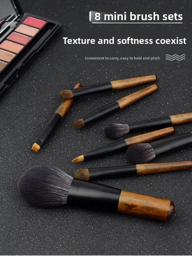 8 ชิ้น Mini Travel ชุดแปรงแต่งหน้าพร้อมกระเป๋าไม้ Handle แปรงเครื่องสำอางสำหรับ Face Powder Blush Highlighter คอนซีลเลอร์อายแชโดว์