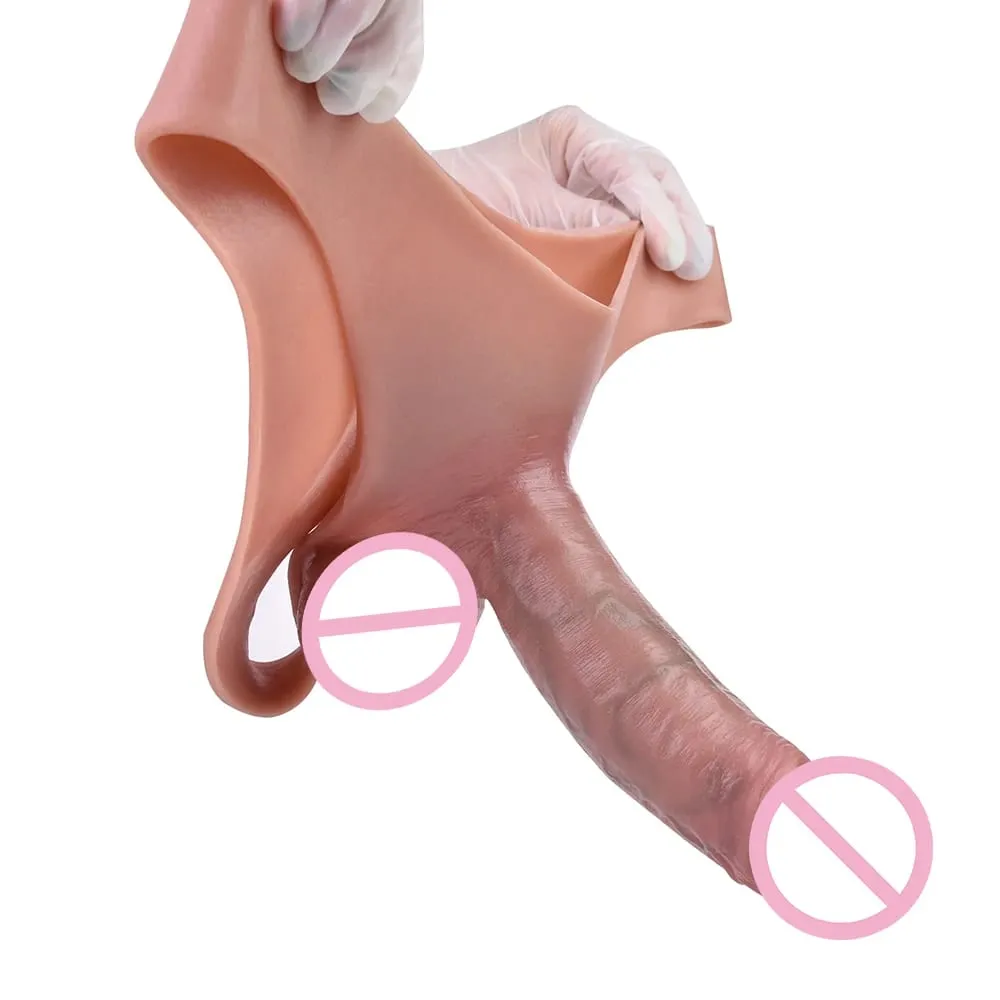 Hollow Dildo Pants Skin Feeling Strapon Penis Sleeve Panties With Real Vein Male Reusable Condom Dick Enlargement Sex Toy