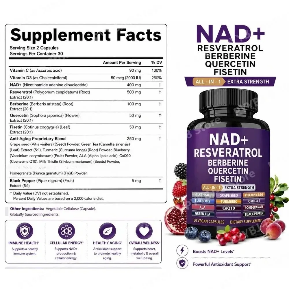 NAD+ Resveratrol Supplement with Berberine Quercetin Fisetin CoQ10 Vitamin C D3 60 Vegan Capsules for Daily Nutrition Support