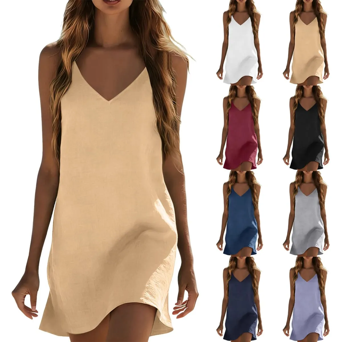 Cotton Linen Dresses For Women Summer Sleeveless V Neck Mini Dress Loose Fit Casual Beach Vacation платье летнее