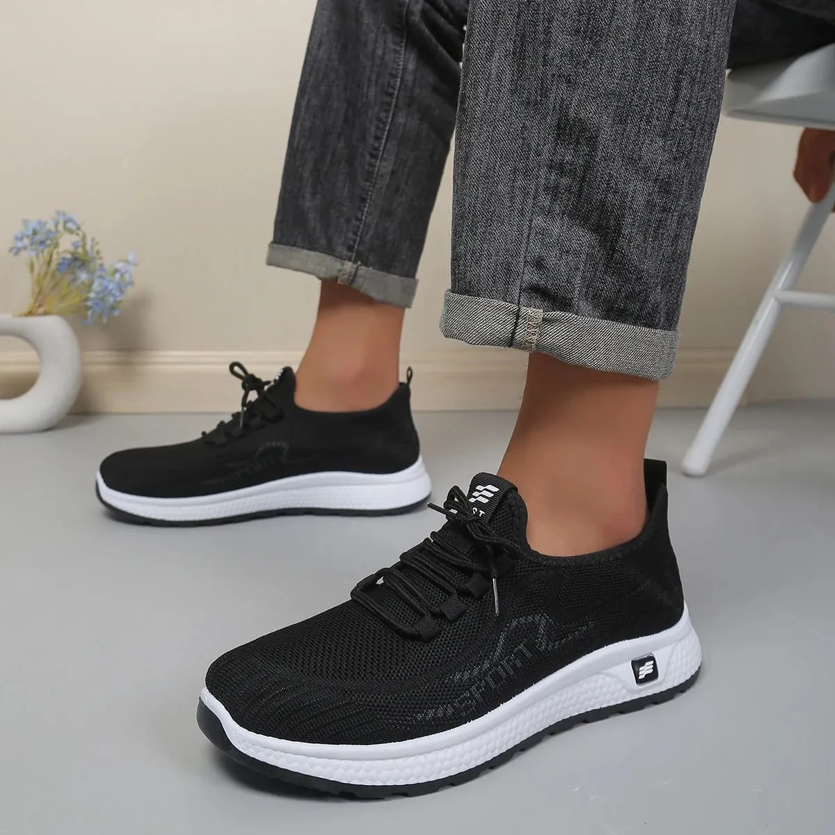 Minimal Solid Hue Men Mesh Lace-Up Footwear Fine Hollow Perforated Knit Upper Bump Carved Black Outsole Versatile Trainers — image 3