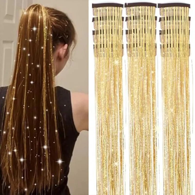 Red Hair Tinsel 12Pcs Clip in Hair Tinsel Kit 22Inch Tinsel Hair Extensions Christmas Hair Tinsel Party Festival Accessories