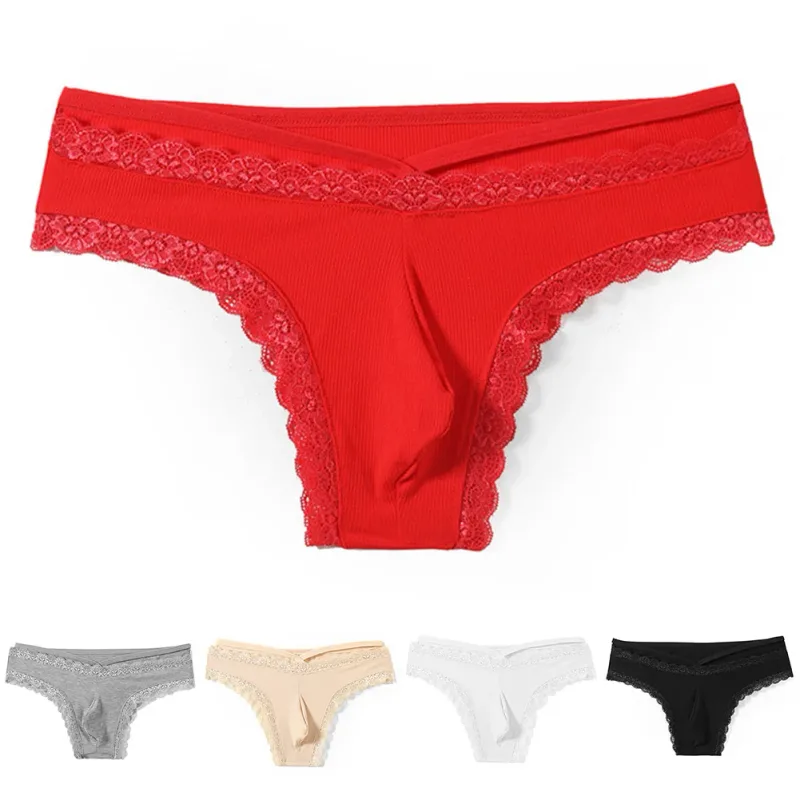 Homens rendas rrim sissy gay sem costura cuecas cueca meados de cintura bulge bolsa lingerie sólida masculina renda borda lingerie — image 7