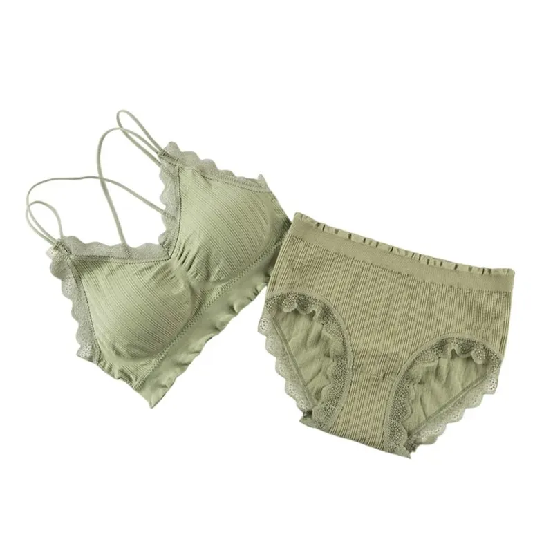 1Set Casual Lace Women Seamless Bra Set V-Neck Breathable Lingerie Set Comfortable with Bra Pads Underwear Set