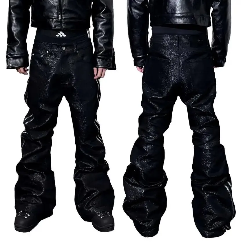High Quality Silver Thread Woven Metal Texture Bootcut Jeans Man Side Double Zippers Gothic Punk Stacked Jeans — image 3