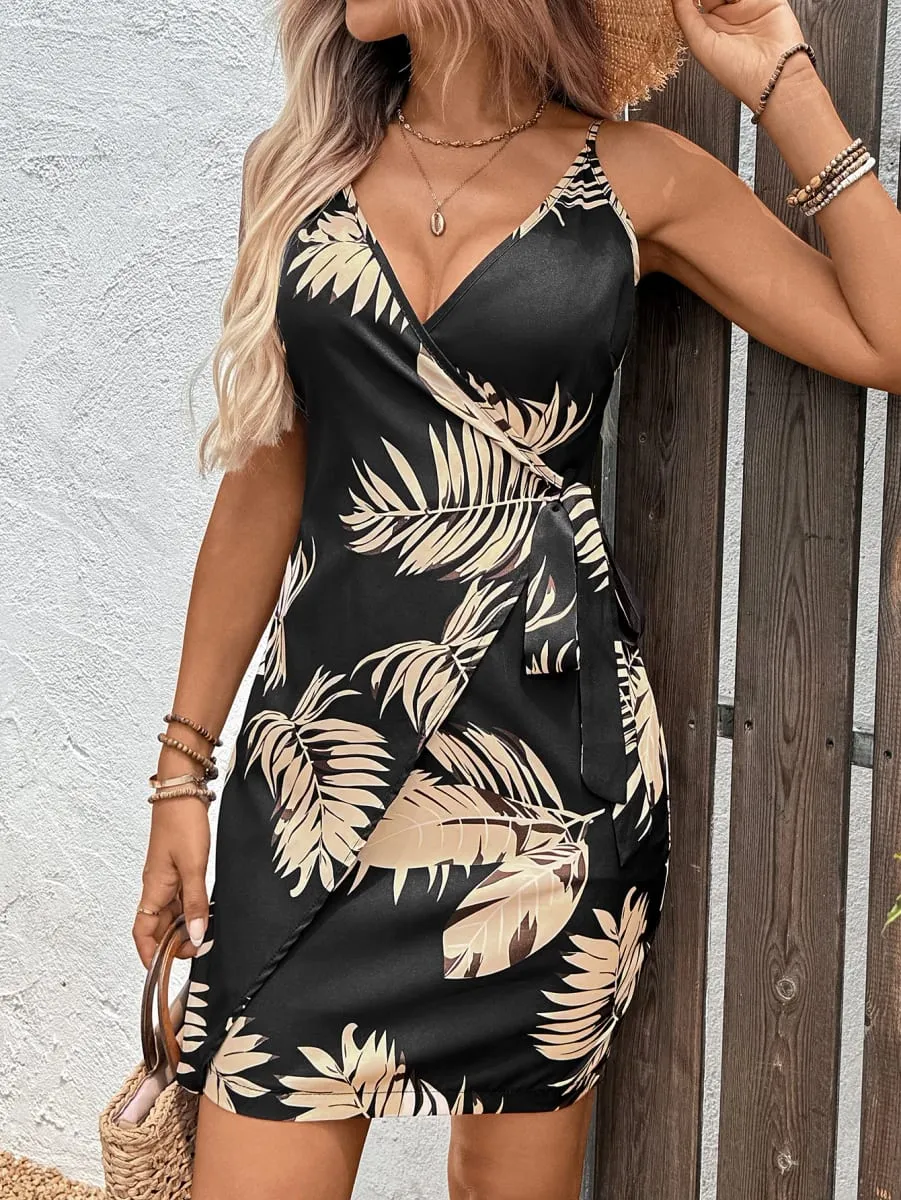 Women's V-neck Tie Wrap Cami Mini Dress Fashion Spaghetti Strap Tropical Leaf Print Wrap Spring Summer Beach Vacation Dress