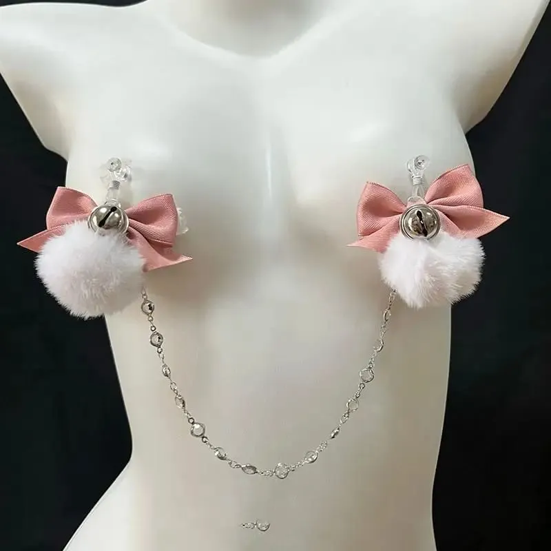 Fuzzy Bow Nipple Clips Bell Collar Body Chain Pink Breast Restraints BDSM Adult Sex Toys For Women