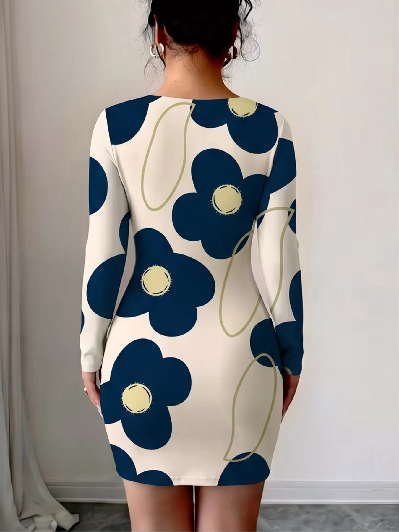 Women's Casual Comfortable Slanted Shoulder Collar Dress with Flower Print Long Sleeves Waist Bag Hip Mini Skirt Length