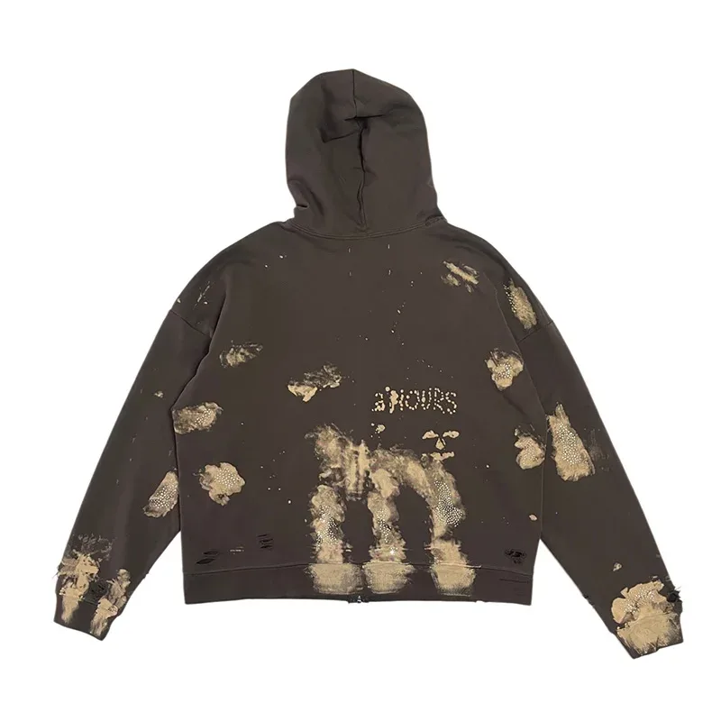 Washed Graffiti PALY Hoodies Men Woman Vintage Damaged Hole Old New Autumn Winter Zipper Hooded Pullovers Sweatshirts