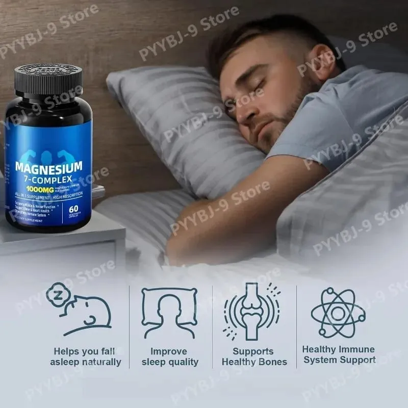 Komplexní doplněk hořčíku 7 s glycinát citrát malát chelát zinek vitamín D3 B6 pro úlevu svalů při spánku 60 tobolek