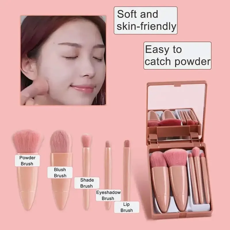 Malé štětce s kompletní funkcí Sada kosmetických štětců s pouzdrem a zrcátkem 5ks Cestovní sada štětců na make-up Mini Makeup — image 4
