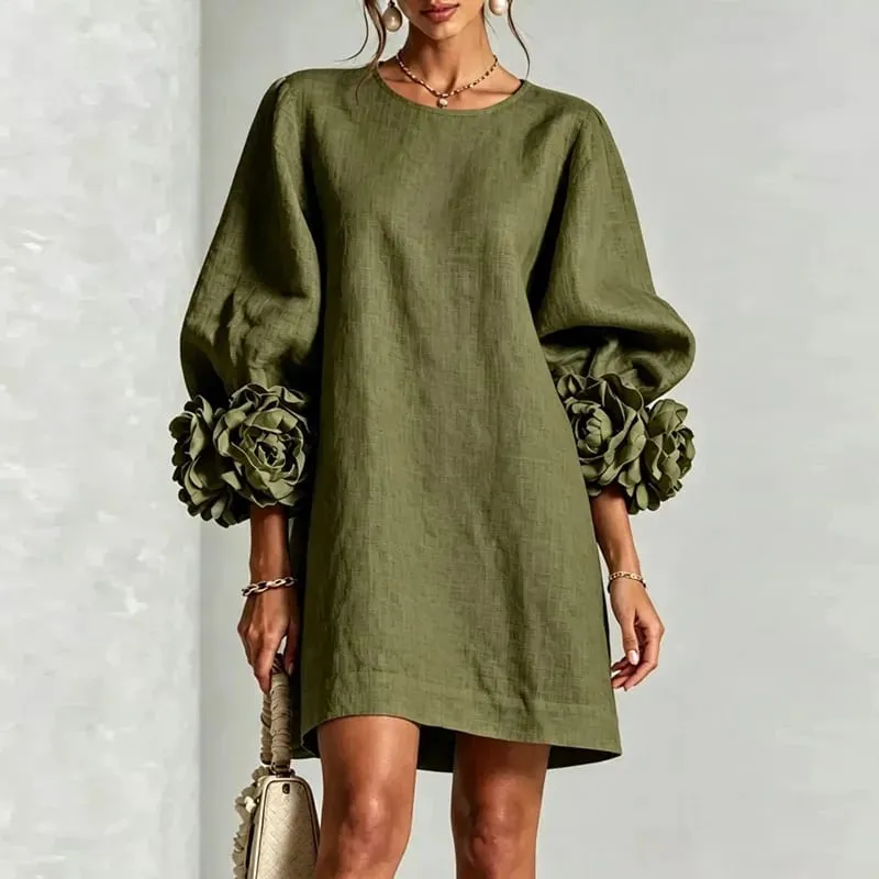 Women Solid Mini Dress Round Neck Puff Sleeve 3D Flower Cuff Loose Shift Dress Elegant Vacation Party Daily Casual Short Dresses — image 4