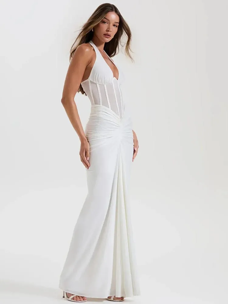 MO Patchwork Sexy Deep V-neck Halter Women Maxi Dress Backless See Through Dress Summer Slim Elegant Party Evening Dress
