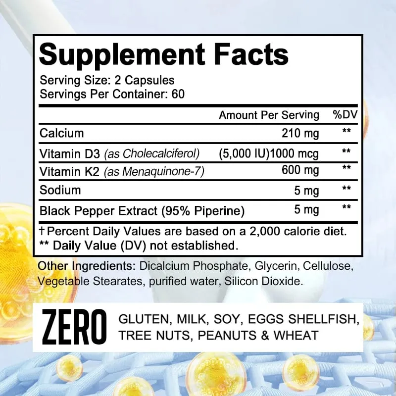 Bcuelov Vitamin D3+K2 5000 IE Vitamin D3 ikke-GMO formel let at sluge vitamin D og K kompleks kosttilskud