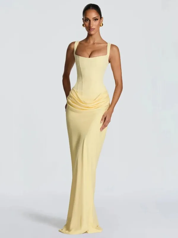 Elegant Yellow Strapless Pleated Long Dress Women Chic Solid Sleeveless Waist Cinching Split Gown 2026 Lady Evening Party Robes — image 16