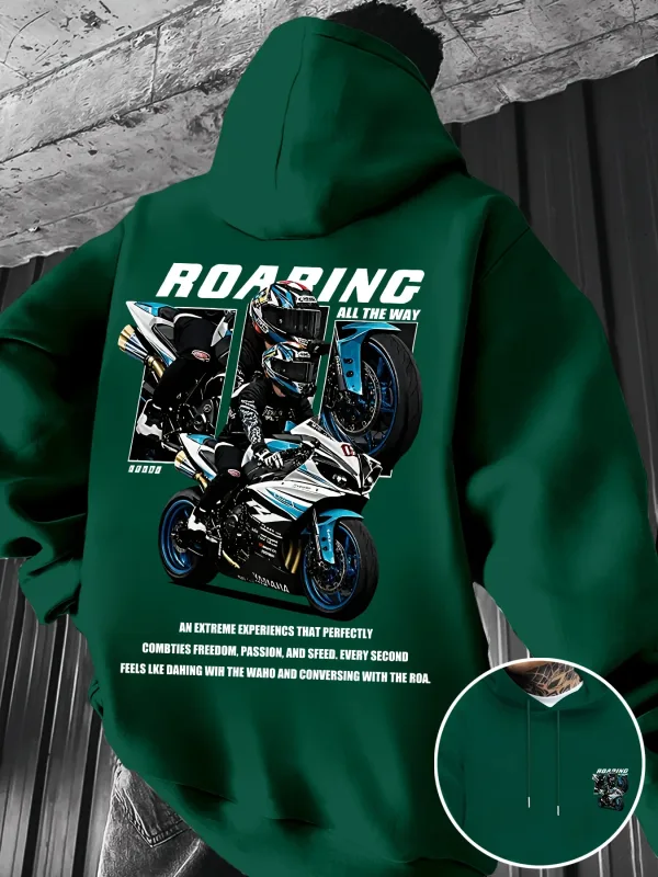 Winter and Autumn Men's Street Fashion Hooded Sweatshirt with "motorcycle" Print Pattern Fleece for Outdoor Warm Cozy Feeling